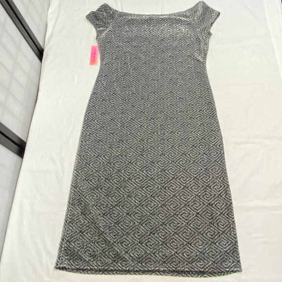 Derek Heart Black Silver Shimmery Greek Key Shift Dress Boat Neck Cap Sleeve 1X - Picture 11 of 14